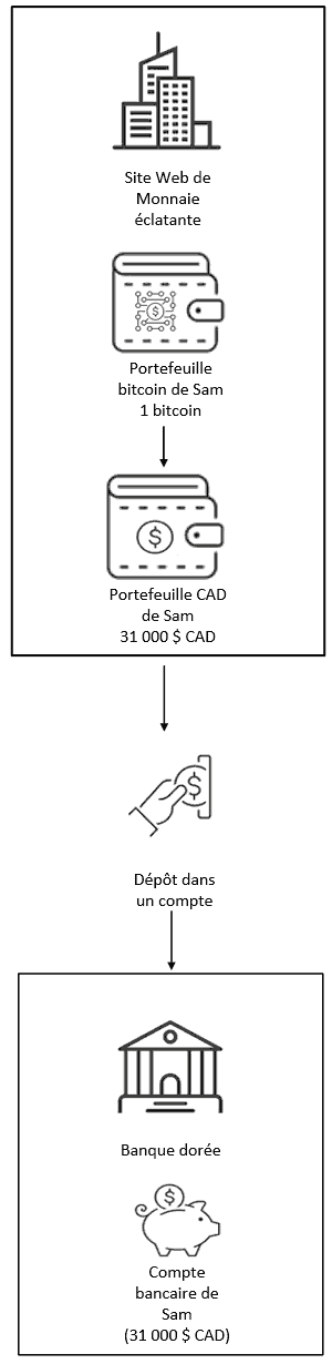 Infographie résumant le scénario B.1 : Opération de change de monnaie virtuelle contre une monnaie fiduciaire 