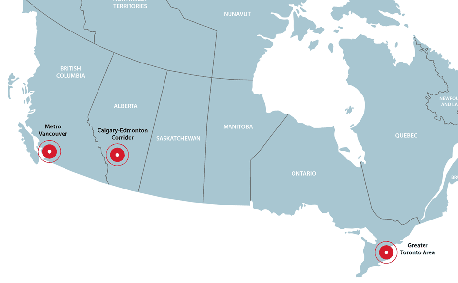 Map of Canada with red bullseye targets over Greater Vancouver Area, British Columbia; Greater Toronto Area, Ontario; and, Calgary-Edmonton Corridor, Alberta.